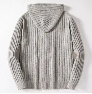 Detailed back view of a vintage grey thick ribbed knit hooded cardigan sweater for men