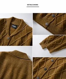 Close-up view of mottled knit texture and wood-style buttons on a vintage cardigan.