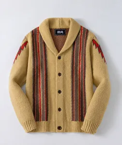 Detailed view of vintage men's knit cardigan with striped jacquard pattern and shawl collar