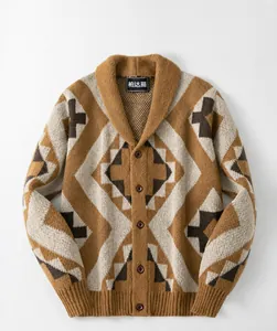 Detail view of retro brown geometric jacquard knit cardigan with soft shawl collar.