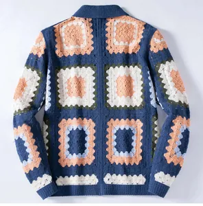 Men's vintage style crochet knit cardigan with colorful granny square patterns - back detail
