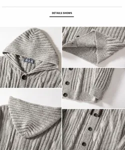 Close-up details of grey cable knit hooded cardigan sweater showing texture and buttons