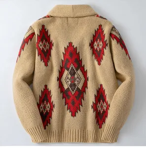 Detailed back view of a retro jacquard knit cardigan featuring ethnic geometric patterns.
