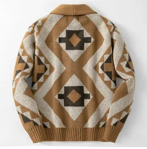 Back view of brown geometric jacquard knit cardigan with vintage shawl collar