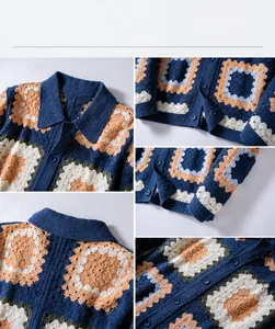 Detailed macro view of crochet knit pattern and buttons on a men's casual cardigan