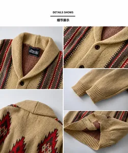 Close-up details of vintage striped knit cardigan with shawl collar and jacquard patterns