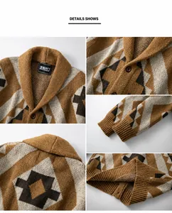 Detailed view of brown geometric jacquard knit cardigan with shawl collar and buttons
