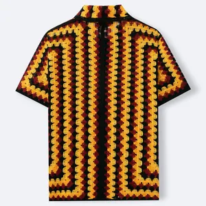 Men's vintage crochet knit polo shirt with yellow and red geometric wave pattern