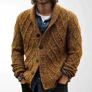 American vintage men's variegated cable knit cardigan sweater with a shawl collar