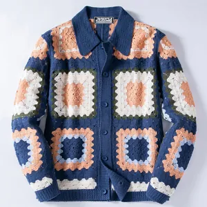 Stylish men's vintage blue crochet knit cardigan with colorful geometric patchwork patterns