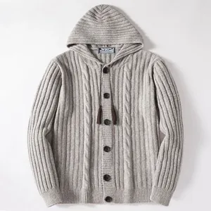 Vintage cable knit hooded cardigan sweater for men in thick warm grey melange fabric