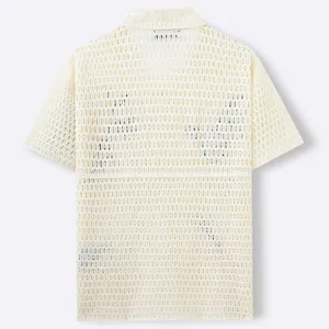Men's off-white crochet knit polo shirt featuring a hollow-out mesh texture, back view display