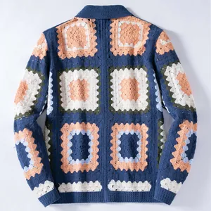 Back view of a blue men's crochet cardigan featuring colorful granny square patterns.