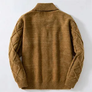 Back view of an American vintage mottled cable-knit cardigan thick sweater for men