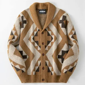 Premium men's vintage brown geometric jacquard knit cardigan featuring a shawl collar design
