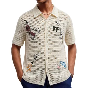 Men's cream crochet knit shirt with elegant floral embroidery for casual beach vacation style