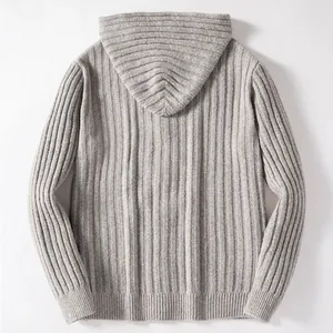 Back view of premium men's retro melange thick ribbed knit hoodie cardigan in grey