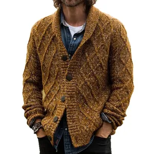 American vintage mottled cable knit cardigan for men with thick wool texture and buttons