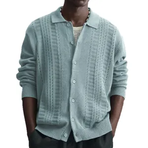 Cardigan en maille texturée bleu clair pour homme, manches longues avec boutons, style décontracté