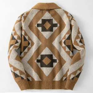 Men's brown vintage shawl collar knit cardigan featuring a bold geometric jacquard pattern
