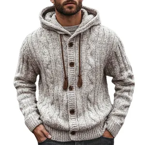 Men's premium retro cable-knit hooded cardigan sweater with button closure and tassels.