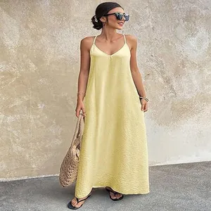 Dames Sexy Diepe V-hals Spaghettibandjes Maxi Jurk Franse Vakantiestijl Mouwloos Effen Kleur Geplooid Getextureerde Lange Zomerjurk