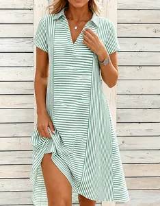 Close-up of green and white striped V-neck summer casual beach dress for women