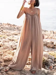 Combinaison bohème en coton et lin dos nu à jambes larges pour la plage et vacances