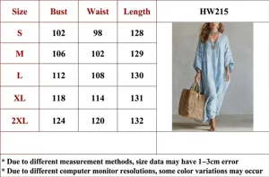 Women's V-neck kaftan dress size guide with bust and length dimensions in centimeters