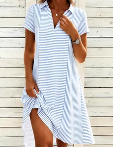 Robe Courte Bohème à Rayures pour Femmes Polyester Manches Courtes Col en V Décontractée Été Plage Vacances Élégante Imprimée