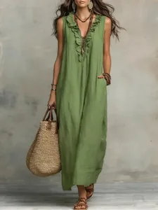 Women's Bohemian V-Neck Ruffle Sleeveless Maxi Dress Vacation Breathable Solid Color Polyester Long Dress With Pockets