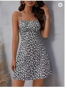Full front view of a stylish floral print summer camisole dress with slim waist design