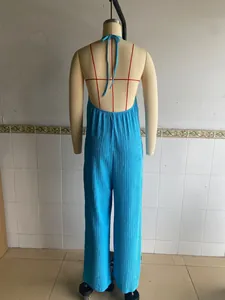 Rückansicht eines hellblauen plissierten Halter-Jumpsuits mit offenem Rücken.