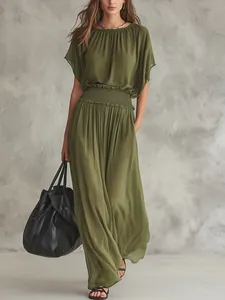 Elegante Vestito Lungo da Donna Tinta Unita Vita Smock Poliestere Elastan Manica a Pipistrello per Banchetto Quotidiano