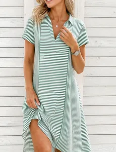 Stylish women's casual green and white striped short sleeve V-neck summer vacation dress