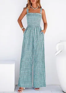 Elegant summer plaid sleeveless wide-leg jumpsuit featuring smocked bodice and side pockets