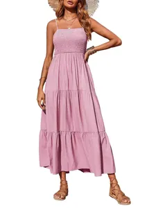 Elegante mauve roze gesmokte camisole maxi-jurk met gelaagde rok voor de zomer