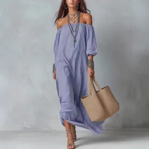 Dames Elegante Off-Shoulder Gestreepte Maxi Jurk Mode Lantaarn Mouw Losse Vakantie Strand Temperament Lange Jurk