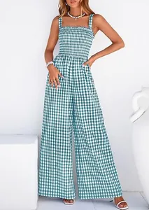 Full view of a green gingham smocked wide-leg jumpsuit, perfect for a retro summer style