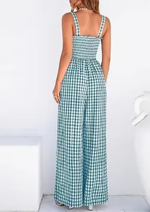Detailed back view of a summer green gingham smocked wide-leg jumpsuit with spaghetti straps