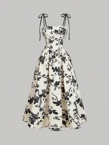 Vestido de verano vintage con estampado floral, tirantes ajustables y dobladillo en A.
