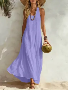 Detail of lavender textured sleeveless maxi dress for women on beach vacation styling