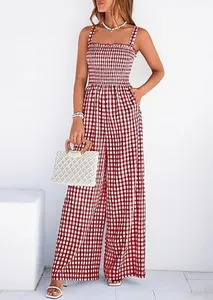 Vintage red and white checkered wide leg jumpsuit with a smocked bodice for summer