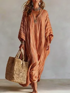 Elegant bohemian V-neck Kaftan maxi dress with orange vertical striped print and batwing sleeves