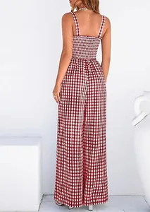 Back view of a red gingham smocked bodice wide-leg jumpsuit for summer fashion