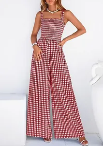 Red and white gingham smocked wide-leg jumpsuit for a stylish vintage summer look