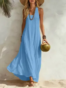 Sleeveless loose blue maxi dress for summer beach vacation with textured fabric detail