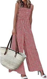 Red gingham wide-leg jumpsuit with smocked bodice for summer