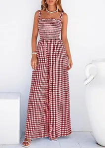 Full-length detail of red and white gingham smocked wide-leg jumpsuit with straps