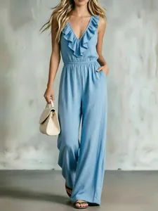 Women's V-Neck Ruffle Sleeveless Jumpsuit Solid Color Elastic Waist Wide Leg Romper with Pockets Casual Summer Top And Bottom